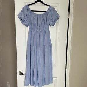 Blue Pleated Midi Sundress with Puff Sleeves